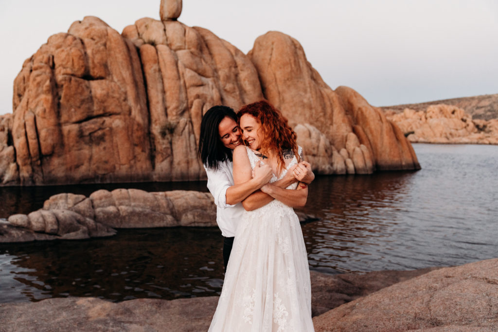 Bride and bride adventure elopement photo in Watson Lake, Arizona