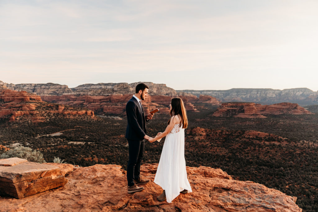 Sunrise elopement in Sedona, Arizona. This romantic and adventurous wedding with just us 3 had the perfect desert ceremony on the cliffs!