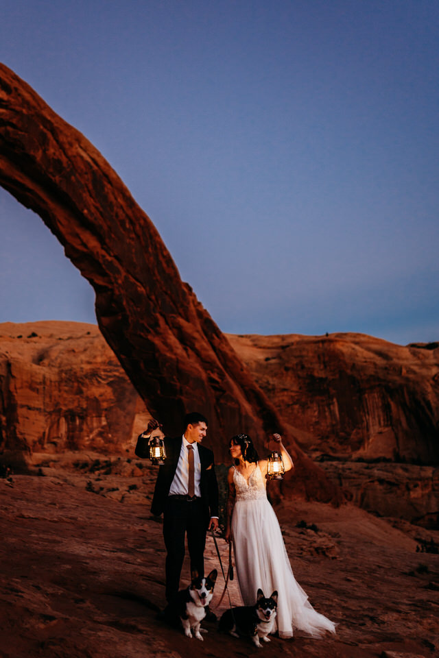 Dogs in wedding photos in Moab