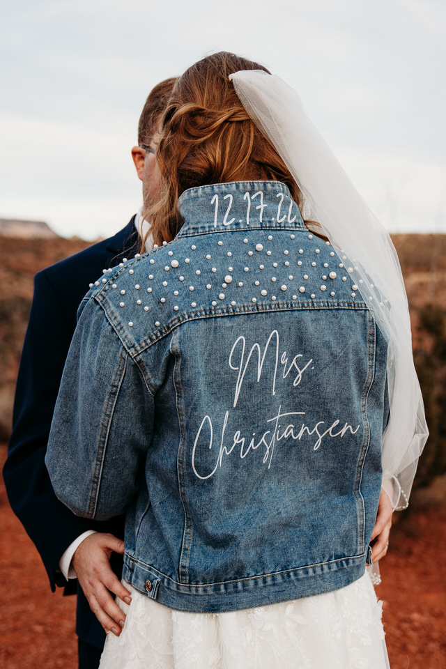 Sedona, AZ elopement portraits with jean jacket on bride