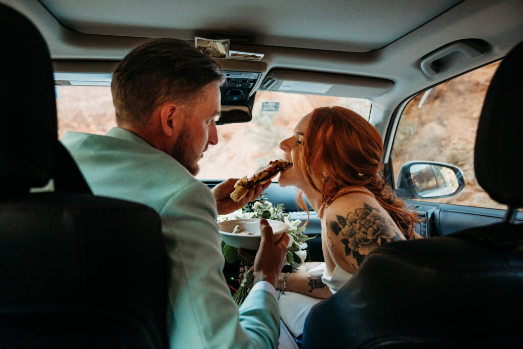 An intentional Arizona desert elopement capturing a sunset ridge first dance and off road adventure.