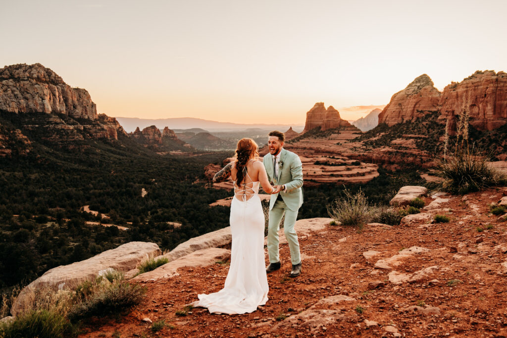 An intentional Arizona desert elopement capturing a sunset ridge first dance and off road adventure.