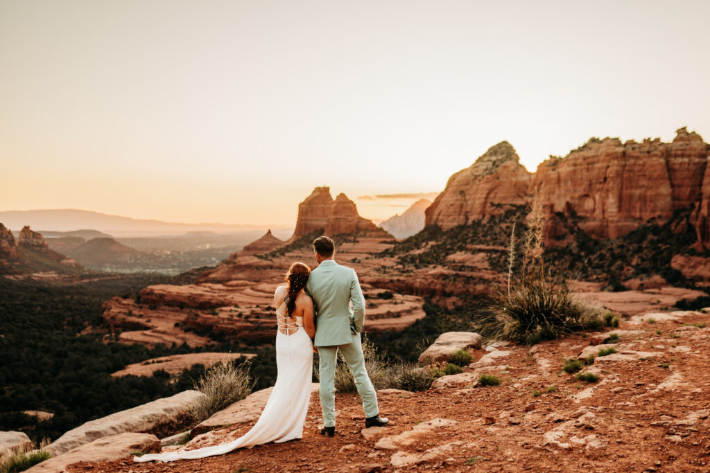 An intentional Arizona desert elopement capturing a sunset ridge first dance and off road adventure.