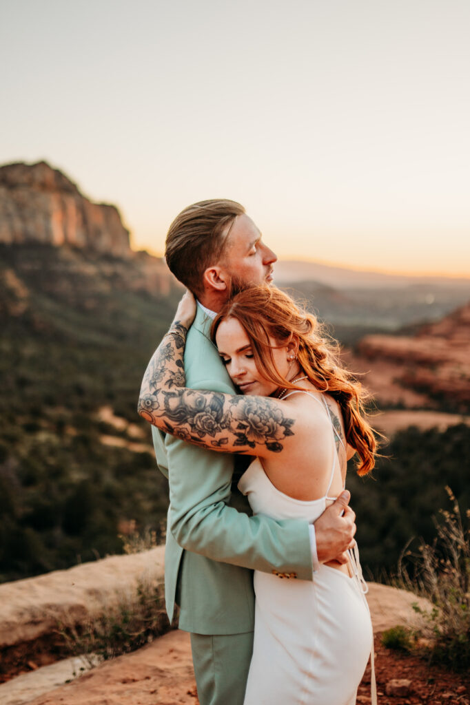 An intentional Arizona desert elopement capturing a sunset ridge first dance and off road adventure.