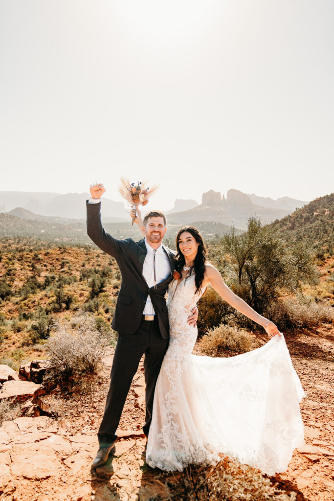 A Sedona adventure elopement featuring a sunrise hike, off-road Jeep experience, and sunset at Merry Go Round Rock.