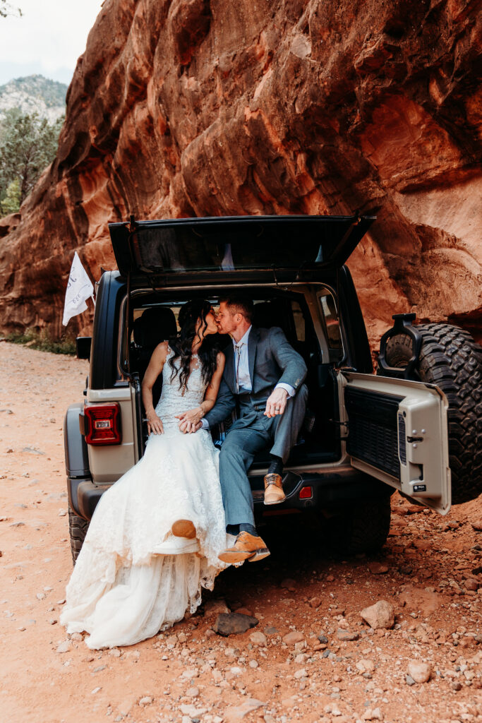 A Sedona adventure elopement featuring a sunrise hike, off-road Jeep experience, and sunset at Merry Go Round Rock.