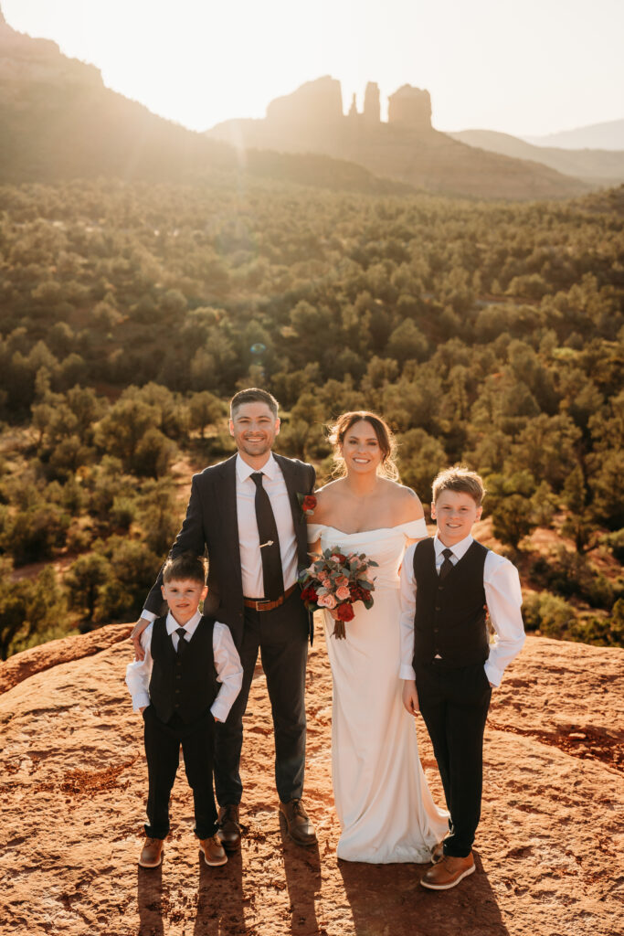 A backyard Sedona elopement with a sunrise hiking adventure and an intimate evening ceremony with family captured by Karen Castor Photography